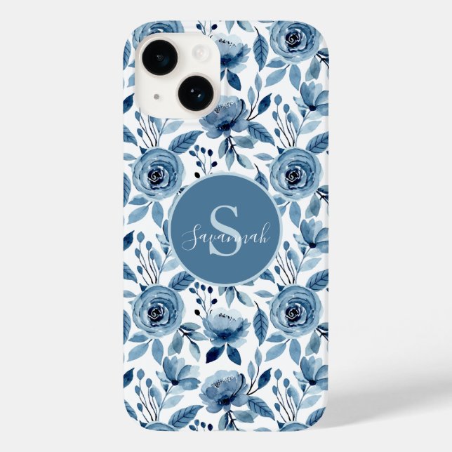 Blaues Aquarellmuster mit Monogramm-Blume Case-Mate iPhone 14 Hülle (Rückseite)