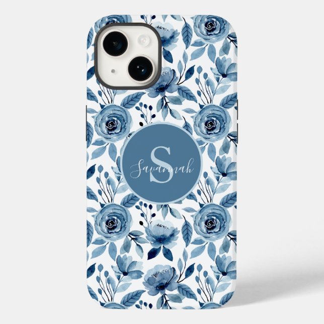 Blaues Aquarellmuster mit Monogramm-Blume Case-Mate iPhone 14 Hülle (Rückseite)