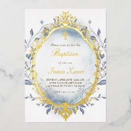 Blaues Aquarellsilber Rahmen Winter Taufe Folieneinladung