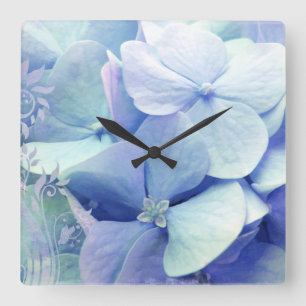Blaues Aquasingrün der Glück Hydrangea-Wanduhr Quadratische Wanduhr