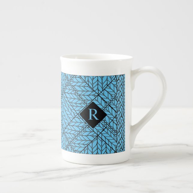 BLAUES ARGYLE-STRICKMUSTER Bone China Tasse + Text (Rechts)