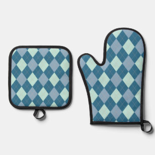 Blaues Argyle Vintage-Muster Ofenhandschuh & Topflappen-Set