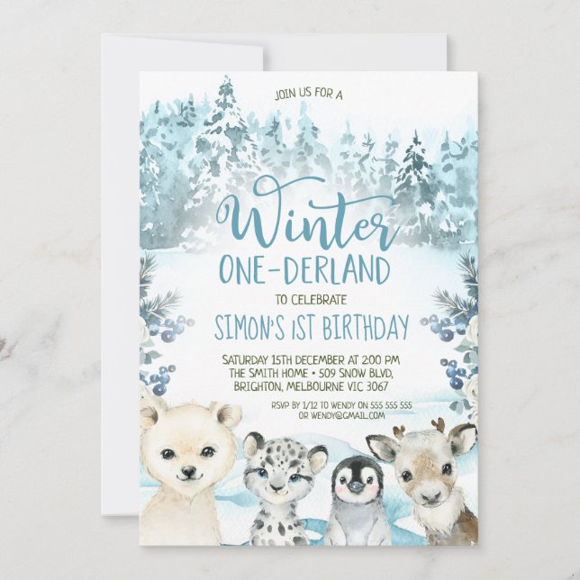 Blaues arktisches Tier Winter Onederland Geburtsta Einladung (Vorderseite)