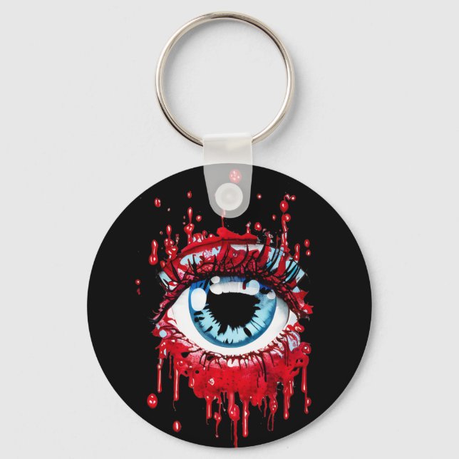 Blaues Auge Tropfblut Horror Kunst Schlüsselanhänger (Vorderseite)