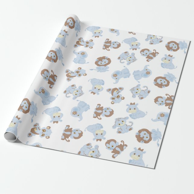 Blaues Baby-Tiere Geschenkpapier (Ungerollt)