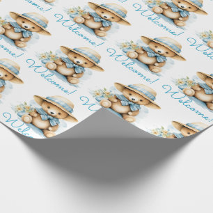 Blaues Baby Willkommen Teddybär Geschenkverpackung Geschenkpapier