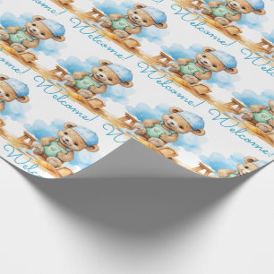 Blaues Baby Willkommen Teddybär Geschenkverpackung Geschenkpapier