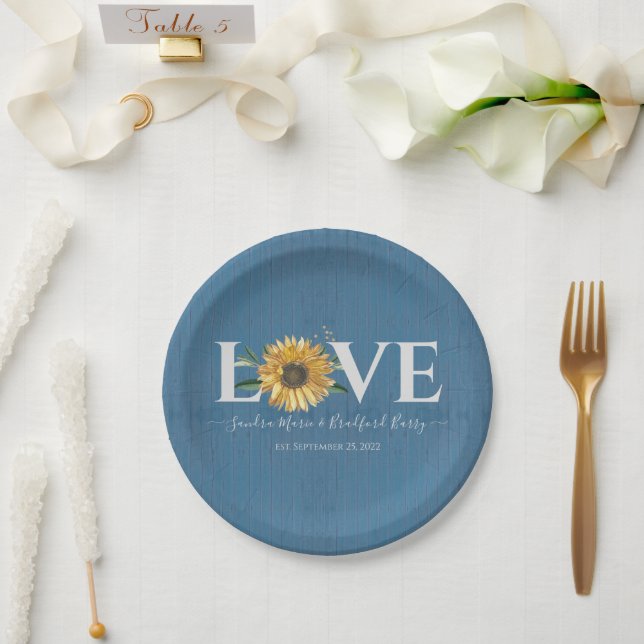 Blaues Barnholz, Hochzeit der goldenen Sonnenblume Pappteller (Hochzeit)
