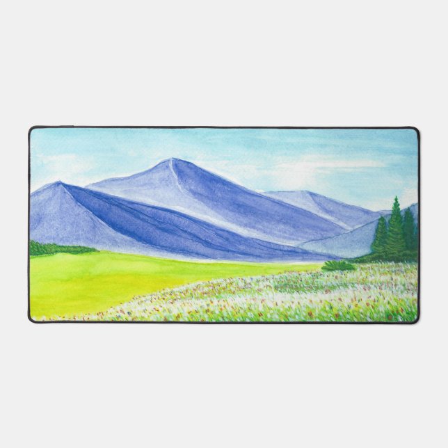 Blaues Bergtal Wilde Blume Wasserfarbe Schreibtischunterlage (Vorderseite)