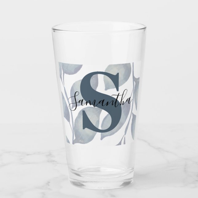 Blaues Blatt mit moderner Monogramm Glas (Vorderseite)