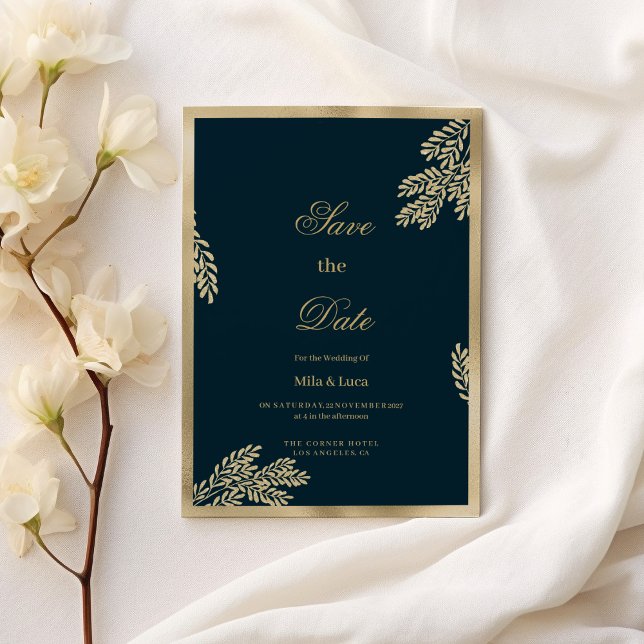Blaues Blattgold Save the Date Einladung (Navy blue gold glitter leaf floral Save the Date)