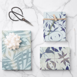 Blaues Blattmuster Geschenkpapier Set