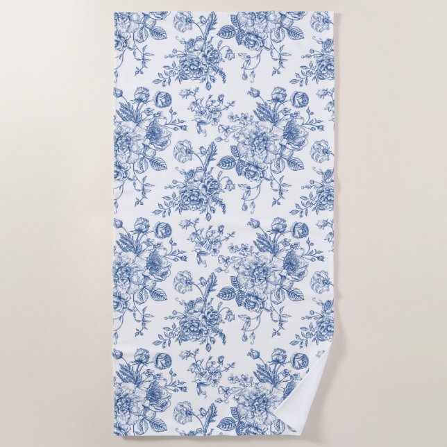 Blaues Blume-Muster Strandtuch (Vorderseite)