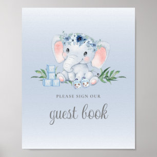 Blaues Blumen-Elefanten-Baby-Party-Gästebuch-Schil Poster