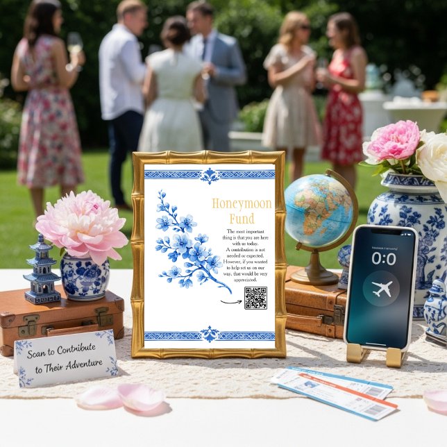 Blaues Blumen Hochzeitsgeschenk QR-Code-Schild Einladung (Blue floral Elegant Honeymoon Fund QR code sign)
