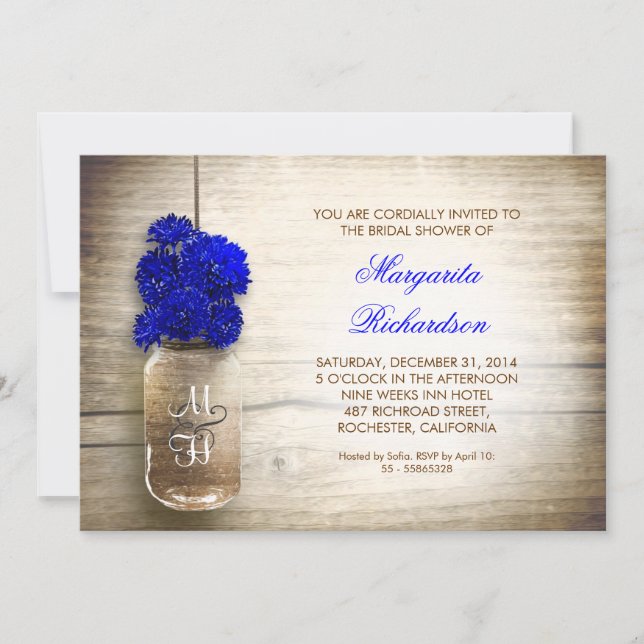 Blaues Blumen-Maurer-Glas rustikal Einladung (Vorderseite)