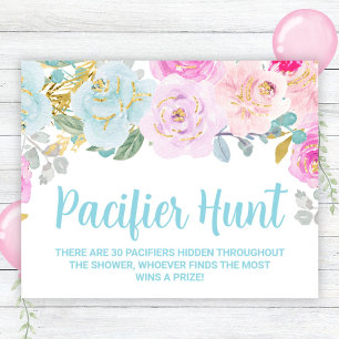 Blaues Blumen-Saugflaschen-Jagd-Baby-Shower-Spiel- Poster