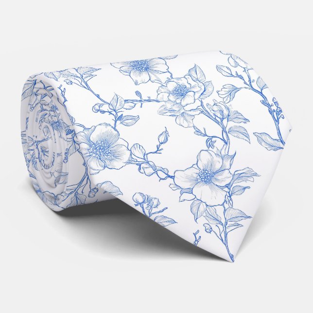 Blaues Blumen-Toile Krawatte (Gerollt)
