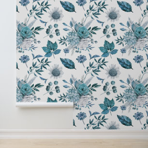 Blaues Blumen- und Blattmuster Tapete