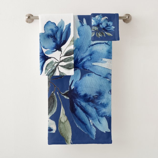 Blaues Blumendrama Wasserfarbe Handgemalt Badhandtuch Set (Insitu)