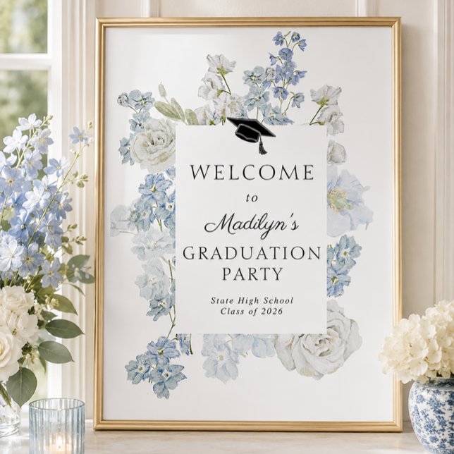 Blaues Blumengratulationsparty-Willkommensschild Poster (Von Creator hochgeladen)