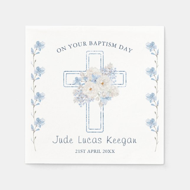 Blaues Blumenkreuz Taufpapier Napkin Serviette (Vorderseite)