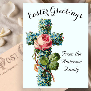 Blaues Blumenkreuz Vintag Ostern Religiös Postkarte