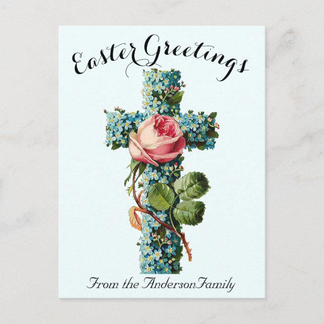 Blaues Blumenkreuz Vintag Ostern Religiös Postkarte (Vorderseite)