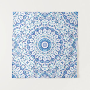 Blaues Blumenmandala Wandteppich