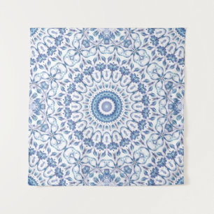 Blaues Blumenmandala Wandteppich