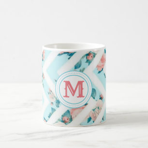 Blaues Blumenmonogramm-Zickzack Kaffeetasse