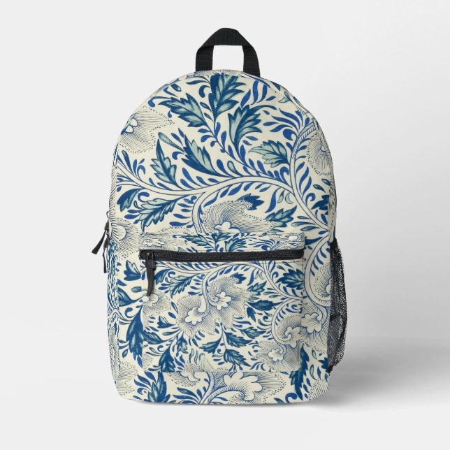 Blaues Blumenmuster Antikes asiatisches Design Bedruckter Rucksack (Vorderseite)