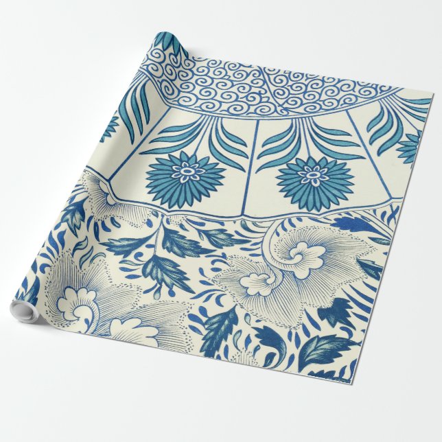 Blaues Blumenmuster Antikes asiatisches Design Geschenkpapier (Ungerollt)