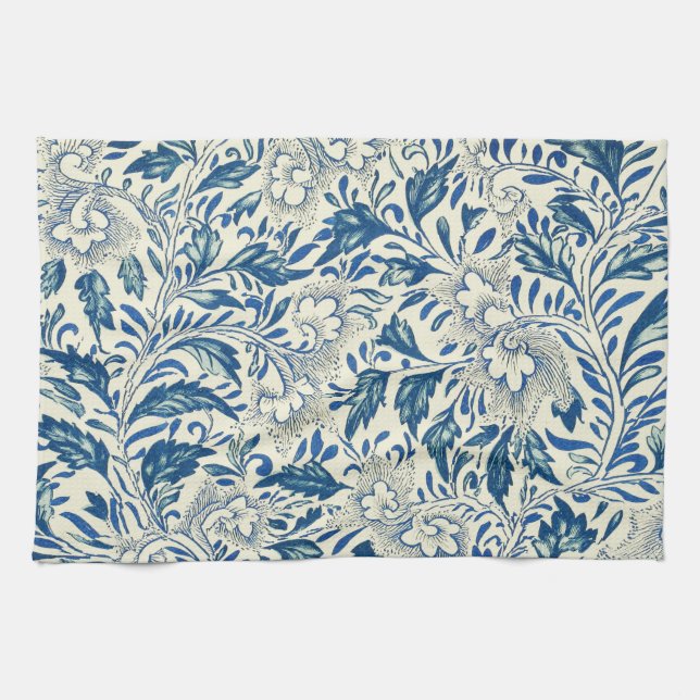 Blaues Blumenmuster Antikes asiatisches Design Küchentuch (Horizontal)