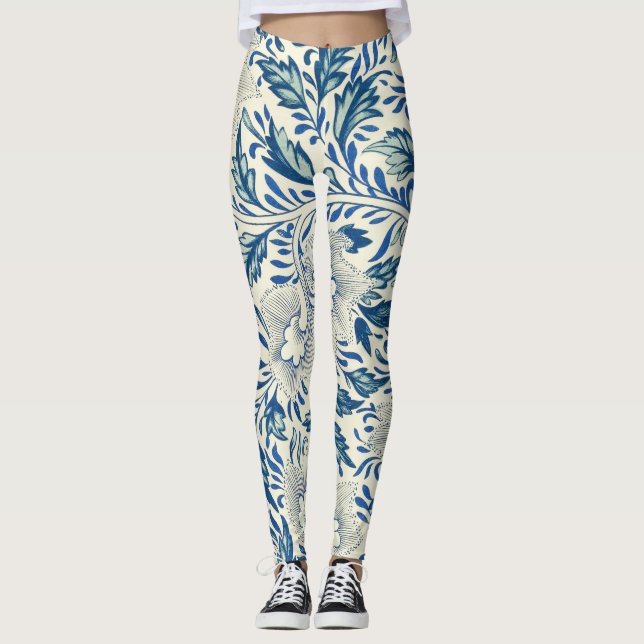 Blaues Blumenmuster Antikes asiatisches Design Leggings (Vorderseite)