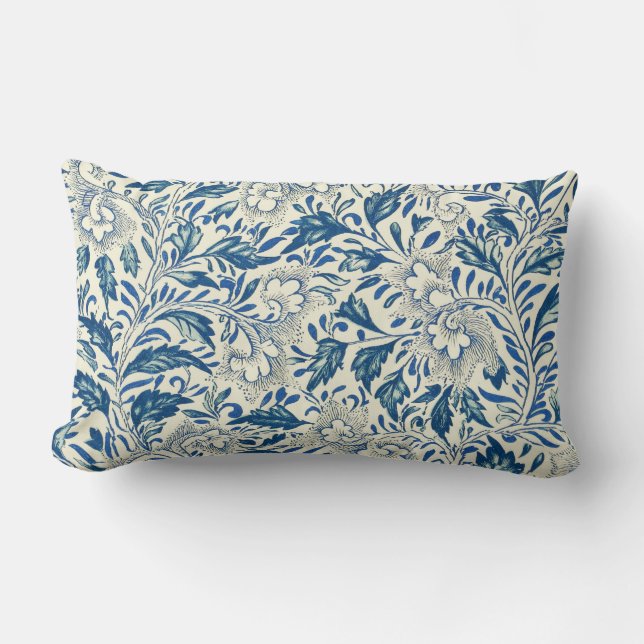 Blaues Blumenmuster Antikes asiatisches Design Lendenkissen (Vorderseite)