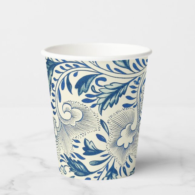 Blaues Blumenmuster Antikes asiatisches Design Pappbecher (Vorderseite)