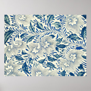 Blaues Blumenmuster Antikes asiatisches Design Poster