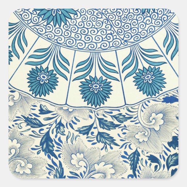 Blaues Blumenmuster Antikes asiatisches Design Quadratischer Aufkleber (Vorderseite)
