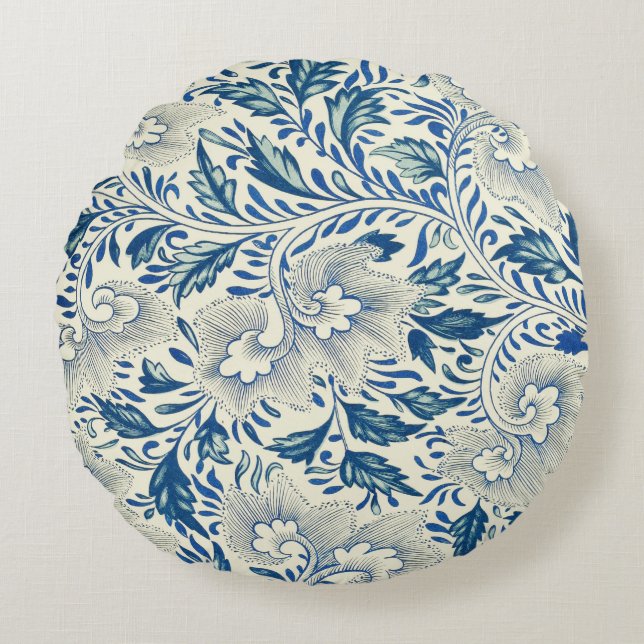 Blaues Blumenmuster Antikes asiatisches Design Rundes Kissen (Vorderseite)
