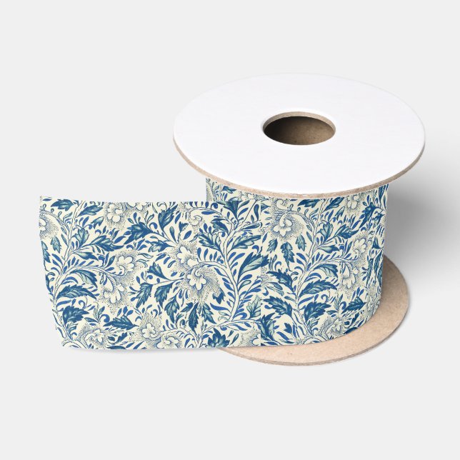 Blaues Blumenmuster Antikes asiatisches Design Satinband (Spule)