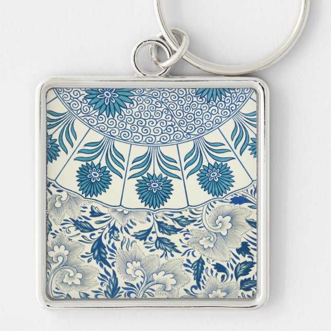 Blaues Blumenmuster Antikes asiatisches Design Schlüsselanhänger (Vorne)