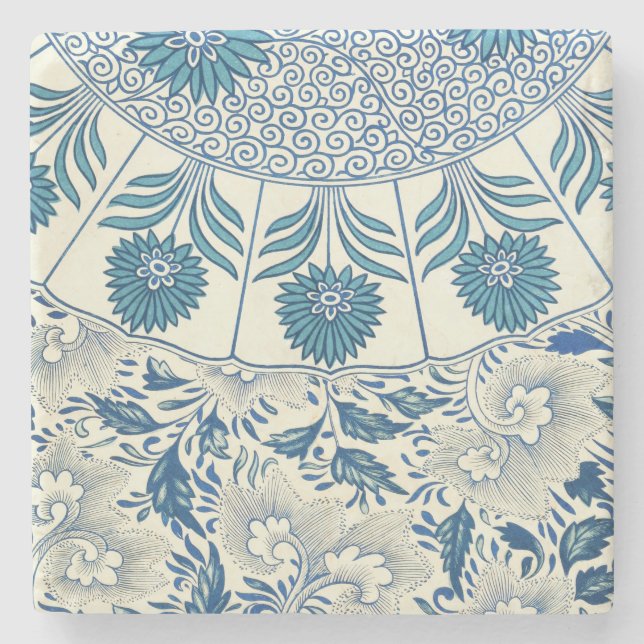Blaues Blumenmuster Antikes asiatisches Design Steinuntersetzer (Vorderseite)