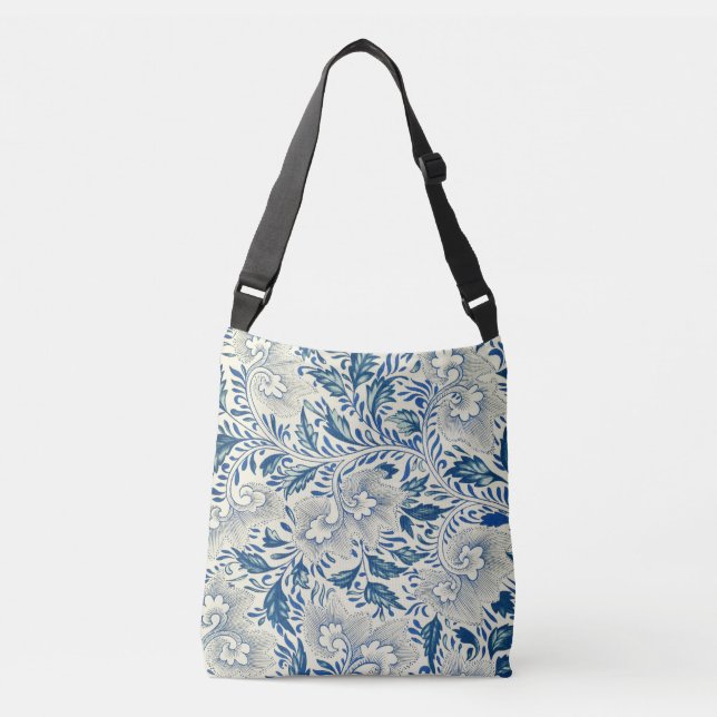 Blaues Blumenmuster Antikes asiatisches Design Tragetaschen Mit Langen Trägern (Vorderseite)