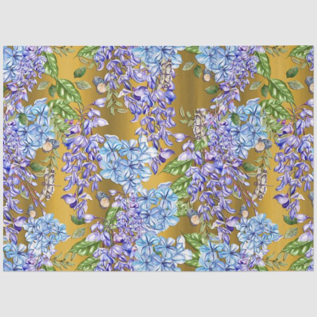 Blaues Blumenmuster auf Gold Seidenpapier (Vorderseite)