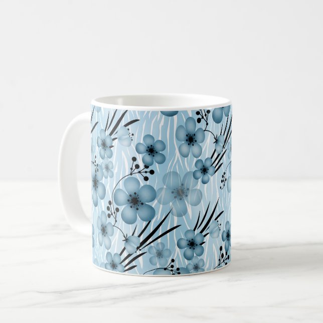 Blaues Blumenmuster auf Tigerhintergrund Kaffeetasse (Vorderseite Links)