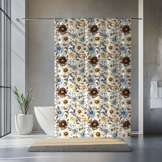 Blaues Blumenmuster Boho-Chic-Vorhang in Braun Duschvorhang