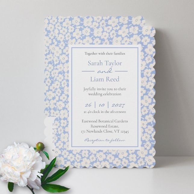 Blaues Blumenmuster Hochzeit RSVP & Einladung (Von Creator hochgeladen)