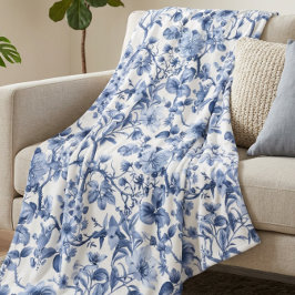 Blaues Blumenmuster im Vintage-Toile-Stil  Fleecedecke