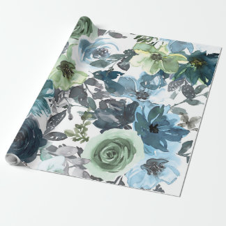 Blaues Blumenmuster, künstlerisches Aquarellbild Geschenkpapier
